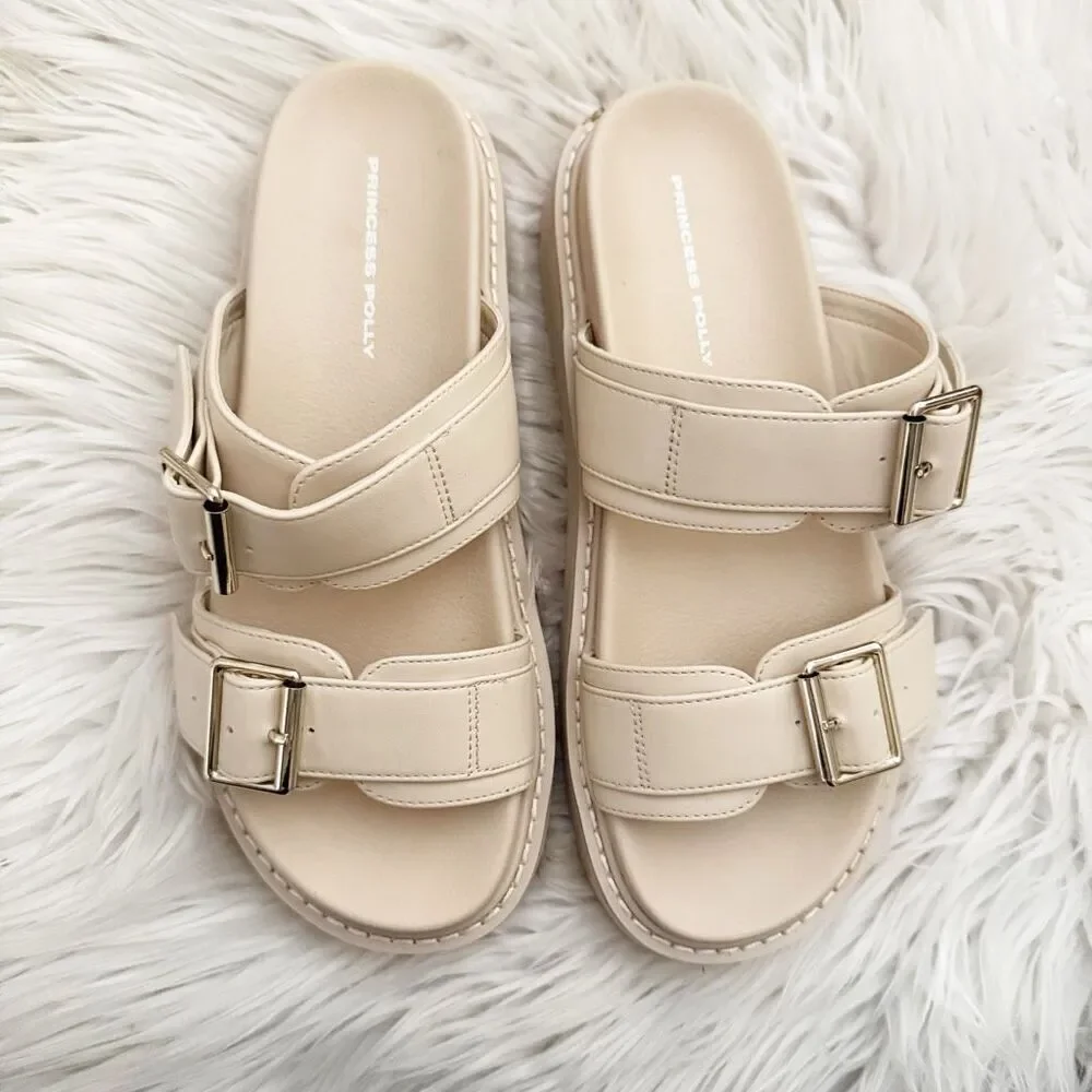 PRINCESS POLLY‎ | Cream Beige Ma Belle Slide on Buckle Sandals Vegan | Size 7